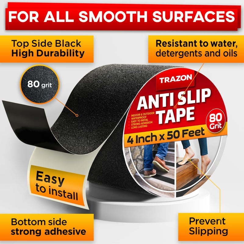 Trazon Grip Tape - Heavy Duty Anti Slip Tape for Stairs Outdoor/Indoor Waterproof 4Inch x 50Ft Safety Non Skid Roll for Stair Steps Ramp Traction Tread Staircases Grips Adhesive Non Slip Strips Walk Black - Image 2
